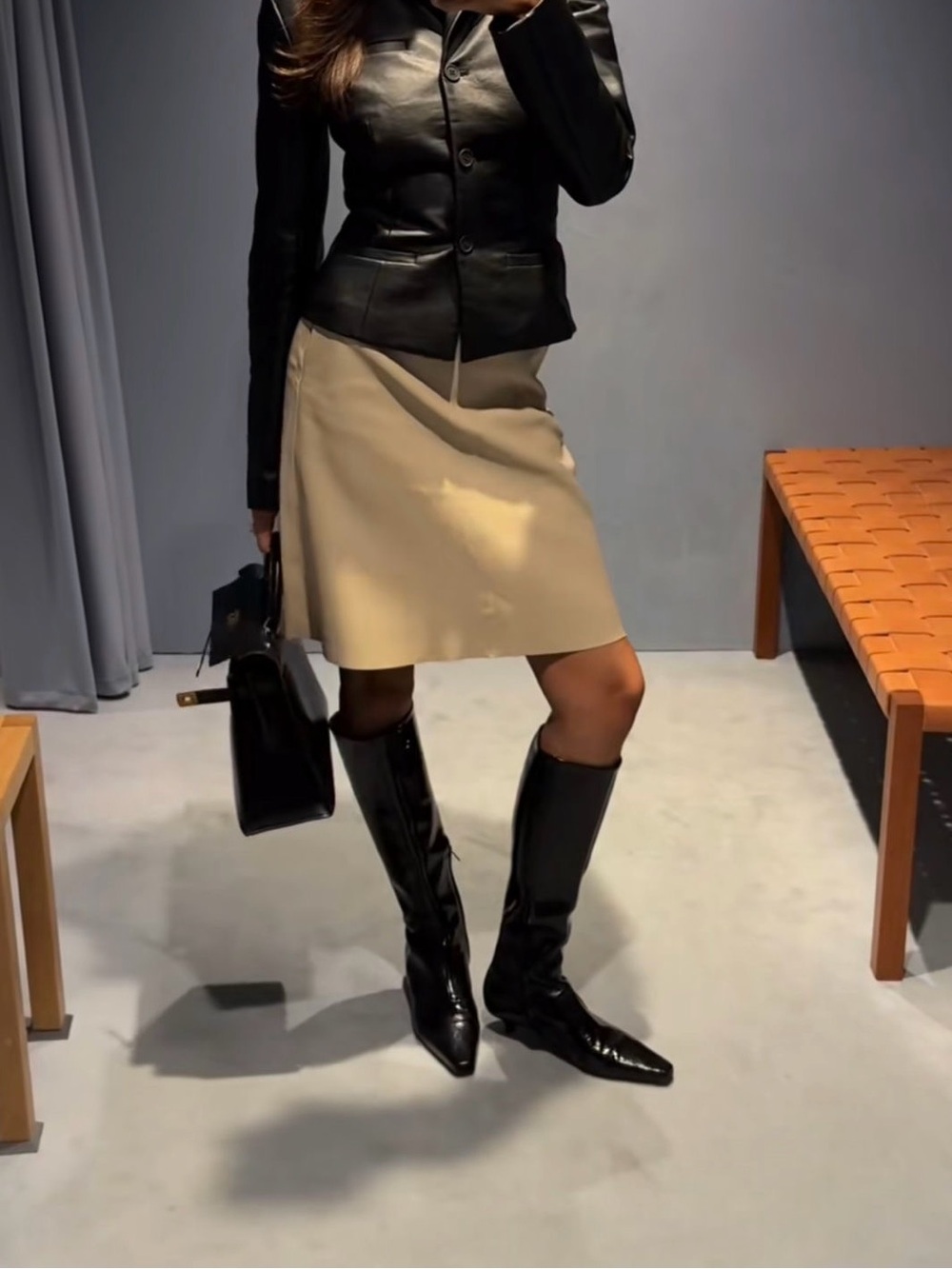 $338 SCHUTZ Black raphaella up mid leather heel knee boots